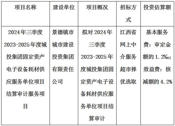 2024年三季度2023-2025年度城投集團固定資產電子設備耗材供應服務單位項目結算審計服務項目計劃公告